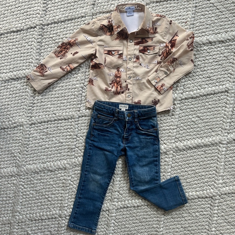 Hatley jeans and blue Quail 50 UPF Western-Print Shirt with Brown Motif.